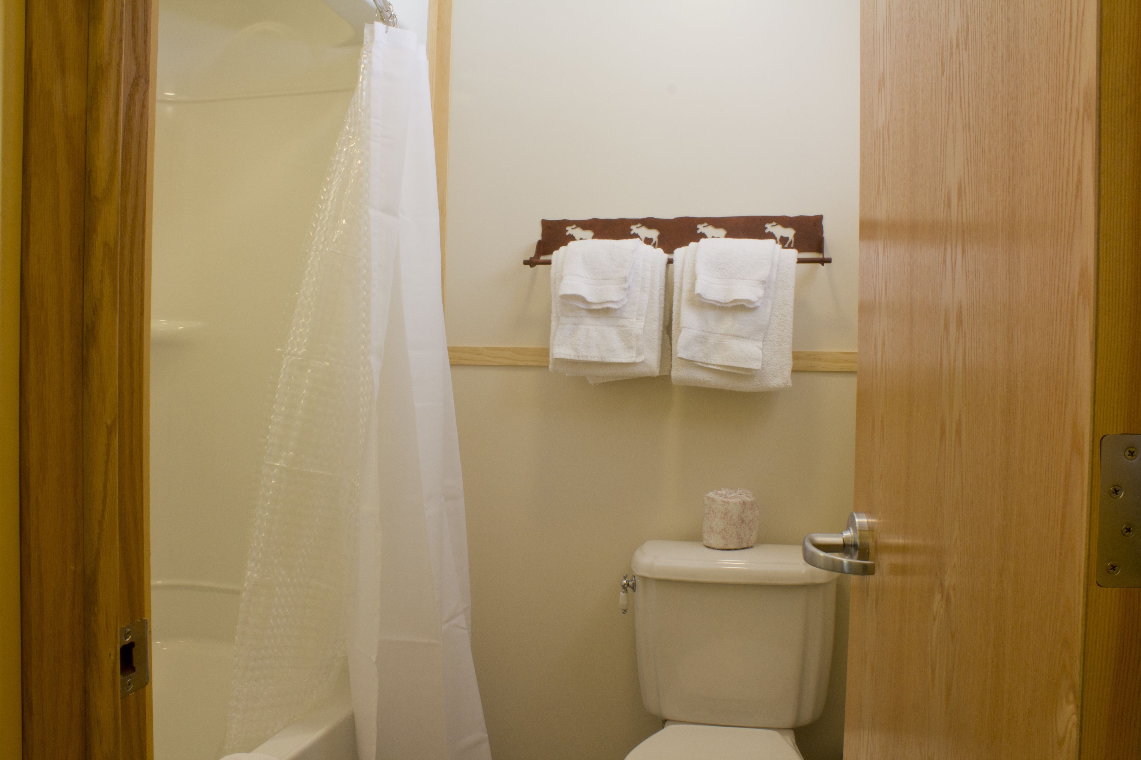 A bathroom with a shower, toilet, and a towel rack with two towels.