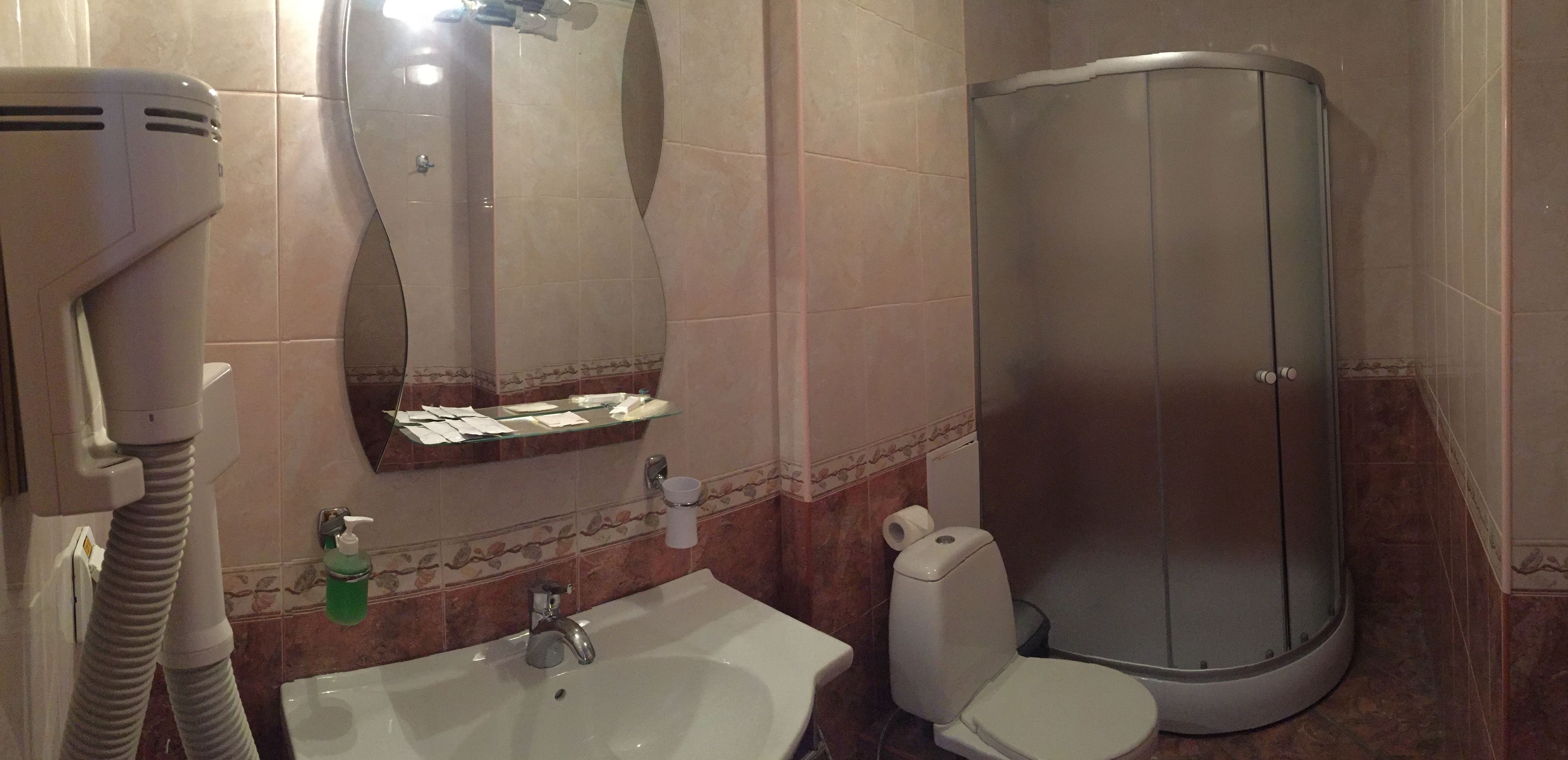 A bathroom with a sink, toilet, and shower.