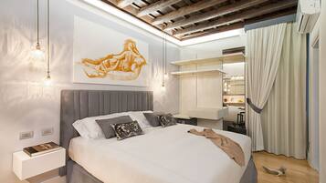 A modern bedroom with a large bed, bedside tables, a wardrobe, and a ceiling with exposed beams.