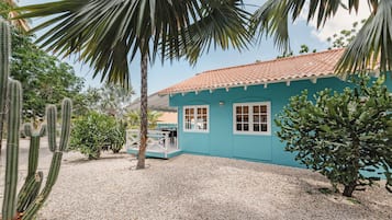 Een turquoise gebouw met een pannendak, omringd door cactussen en palmbomen.