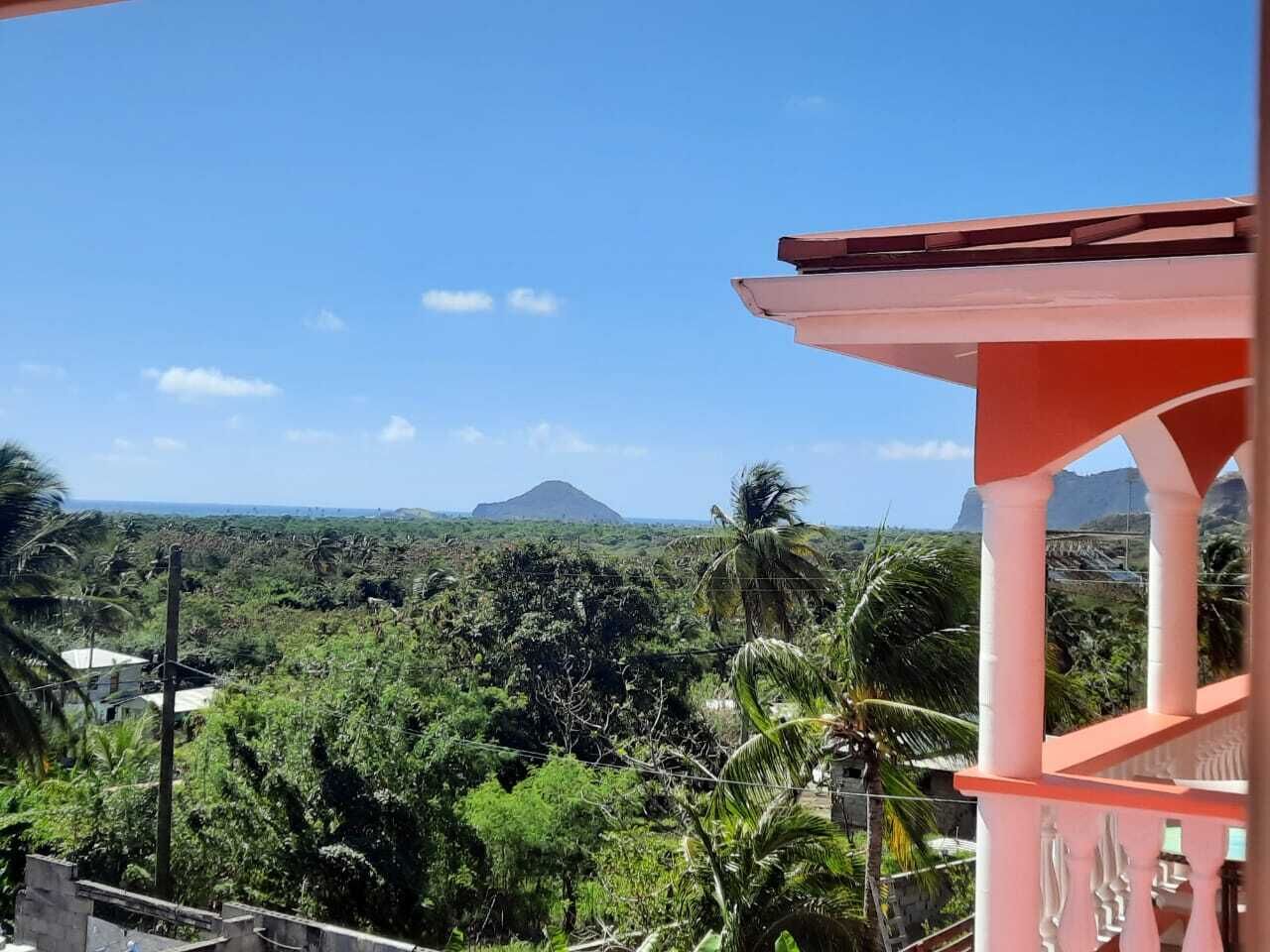 Une vue depuis un balcon donnant sur un paysage luxuriant, avec des palmiers et une montagne à l’horizon.