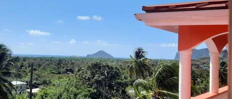 Une vue depuis un balcon donnant sur un paysage luxuriant, avec des palmiers et une montagne à l’horizon.