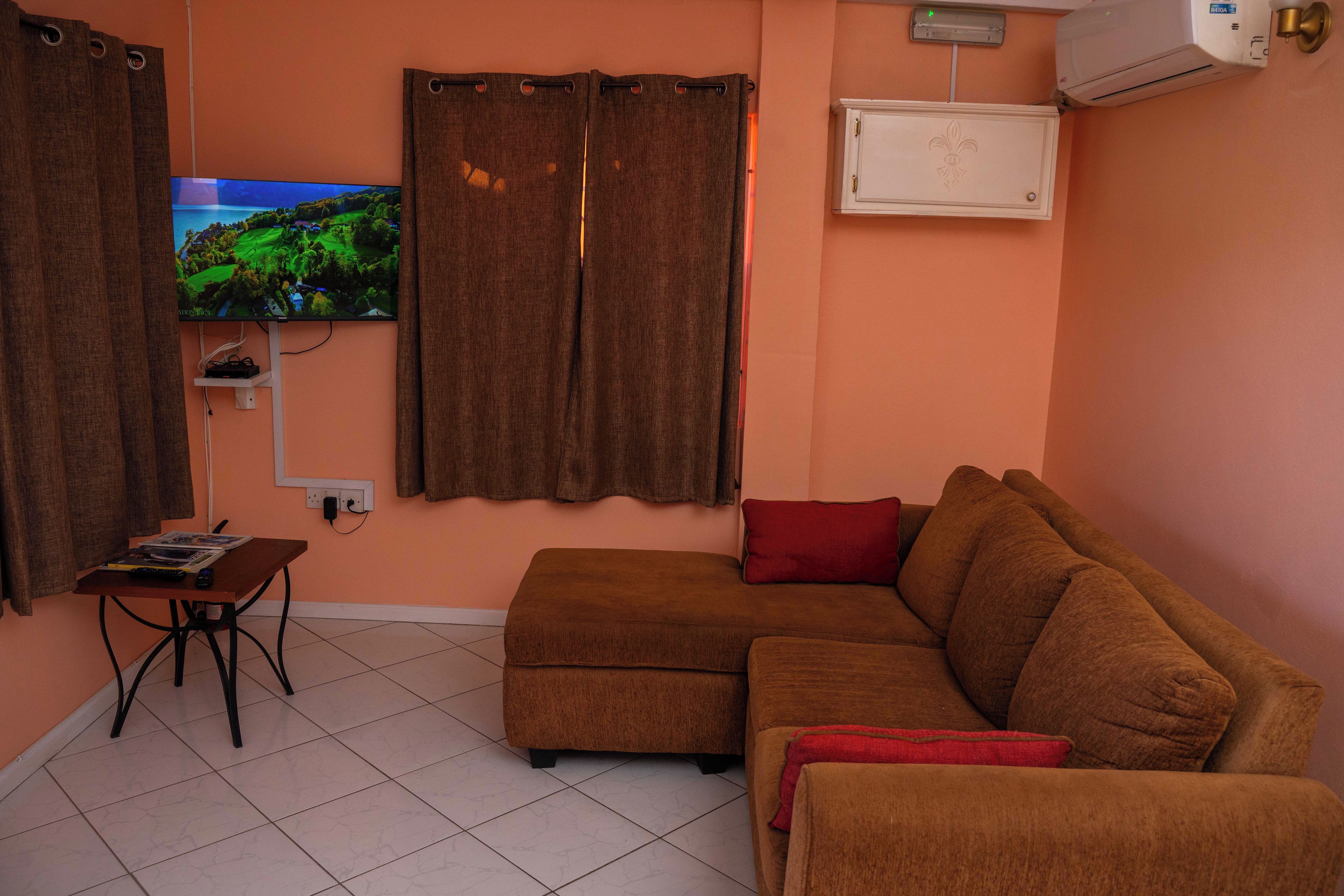 A living room with a brown sofa, a red pillow, a television on the wall, and an air conditioning unit.