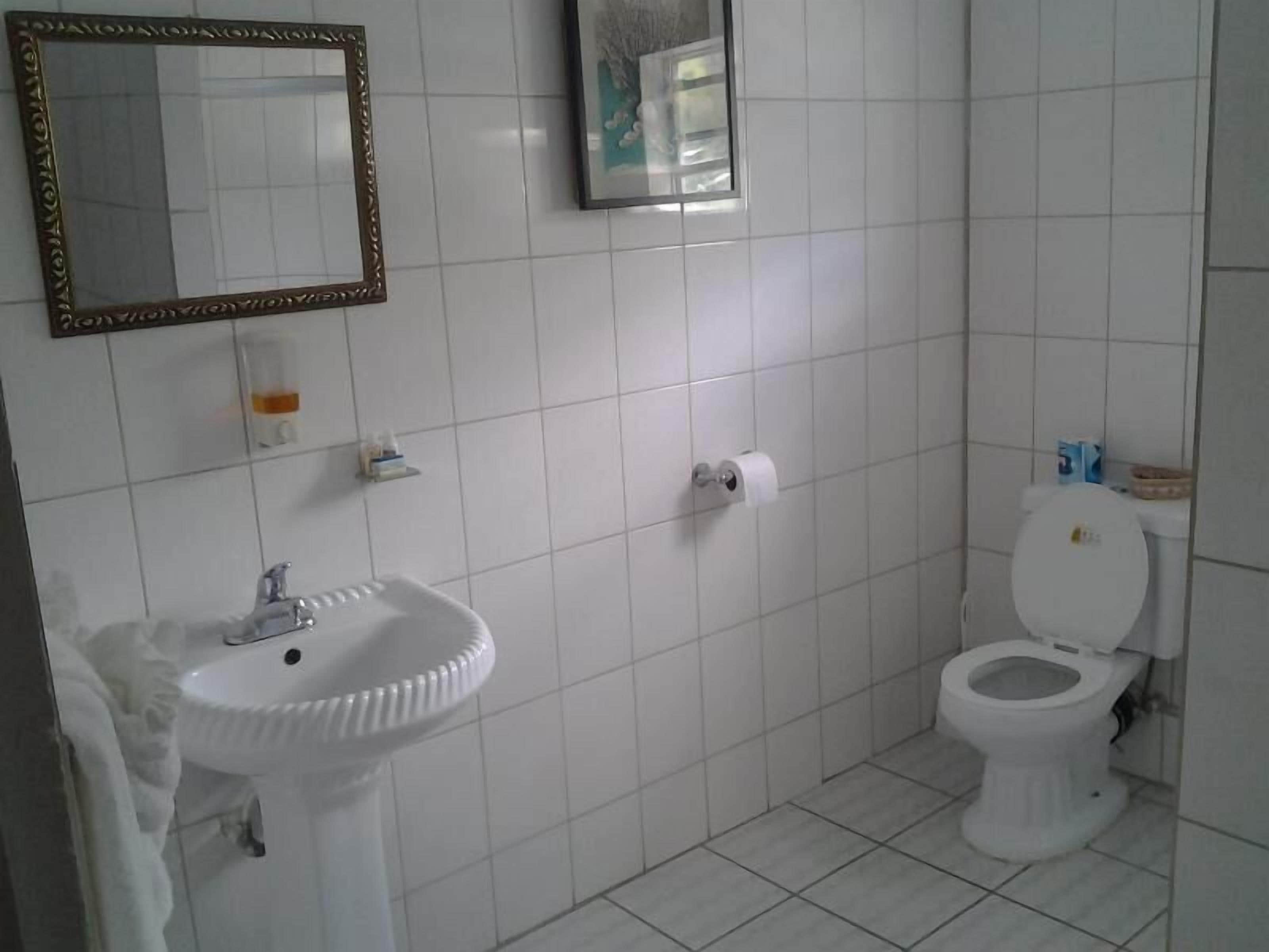 Ein Badezimmer mit Waschbecken, Toilette und Spiegel.