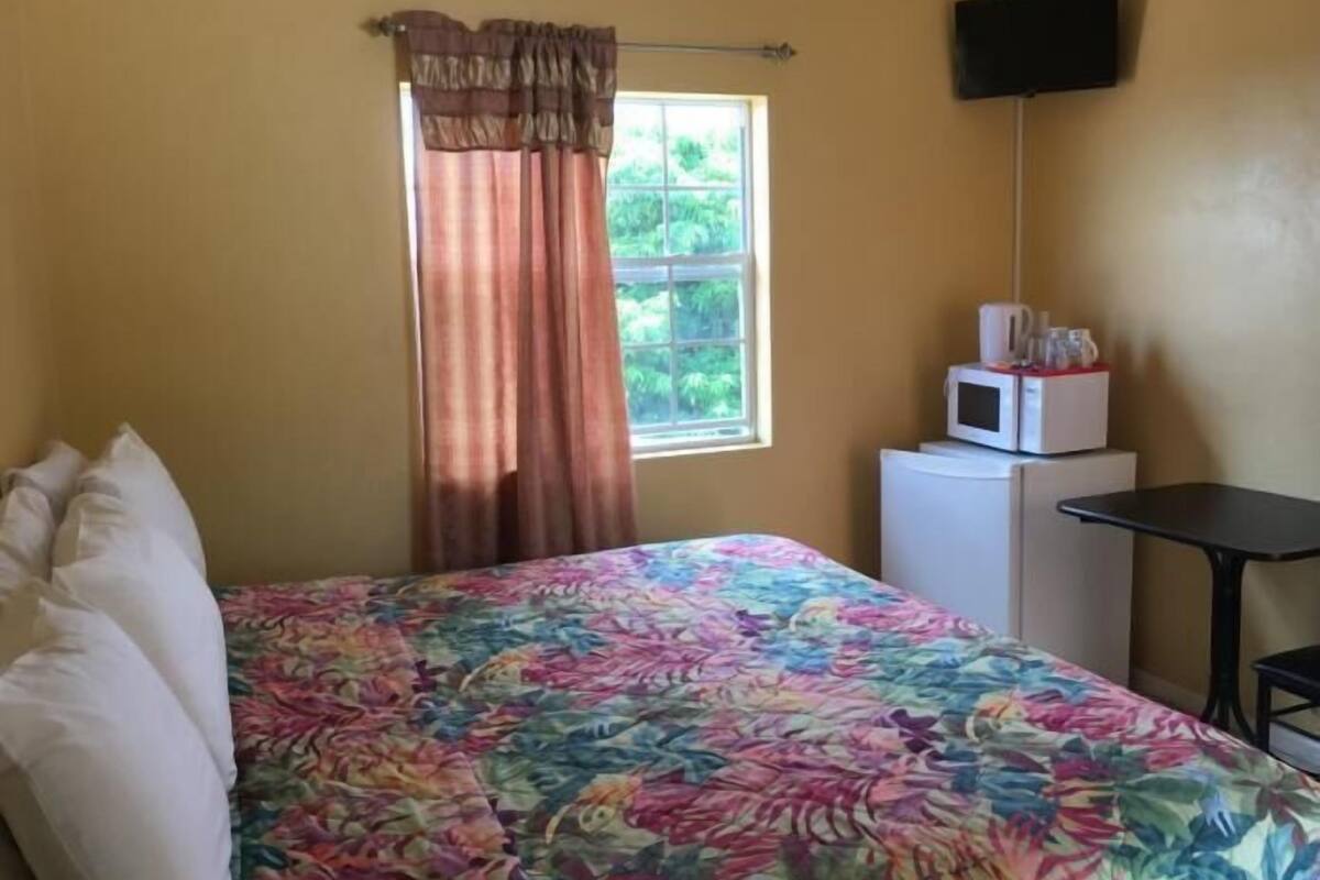 Una habitación con una cama, una ventana con cortinas, un televisor en la pared y un microondas sobre una mesita.