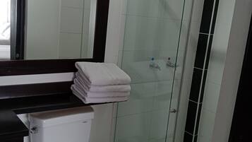 A bathroom with a toilet, a glass shower enclosure, a towel rack, and a mirror.