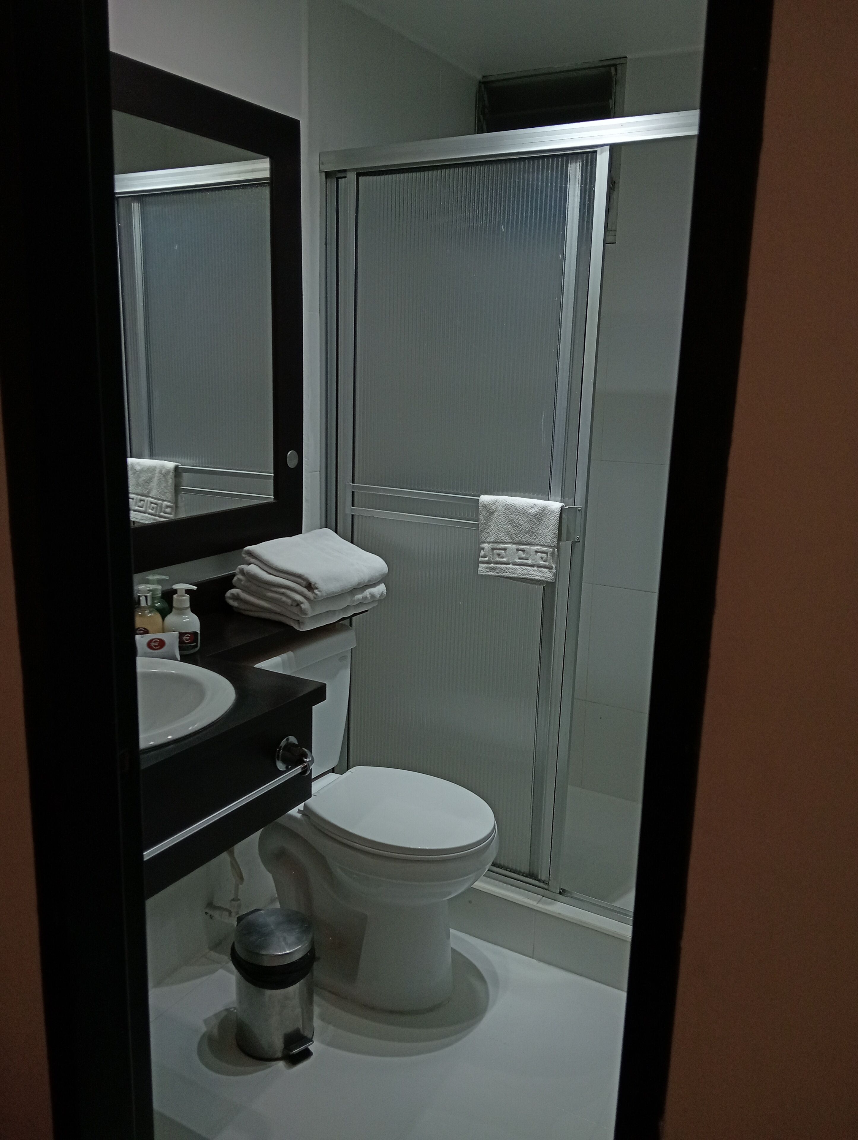 A bathroom with a toilet, sink, and a shower area.