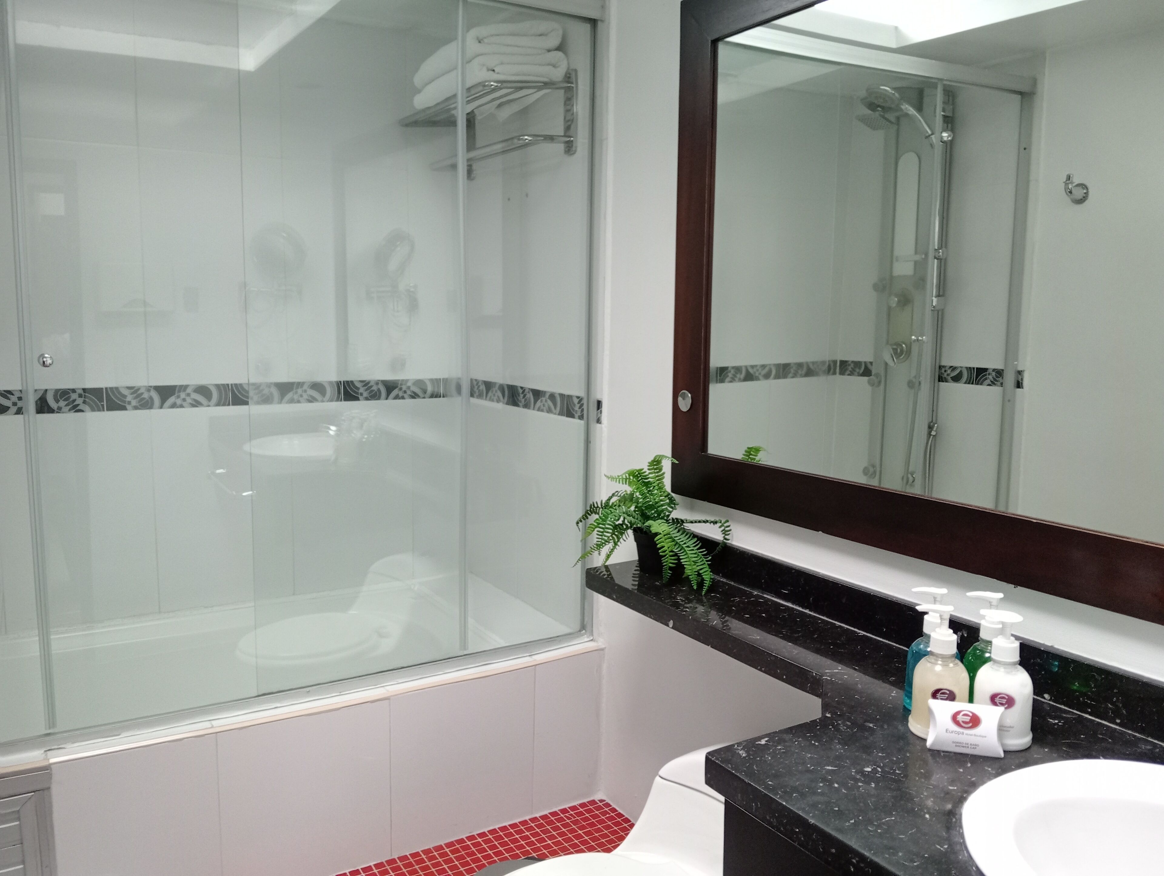 A modern bathroom with a glass-enclosed shower, a large mirror, and a countertop with toiletries.