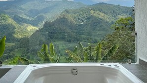 Un jacuzzi con vista a la montaña.