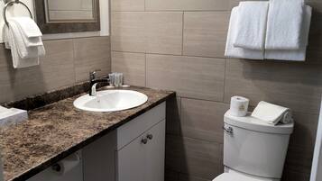A modern bathroom with a granite countertop sink, a mirror, a toilet, and a trash can.
