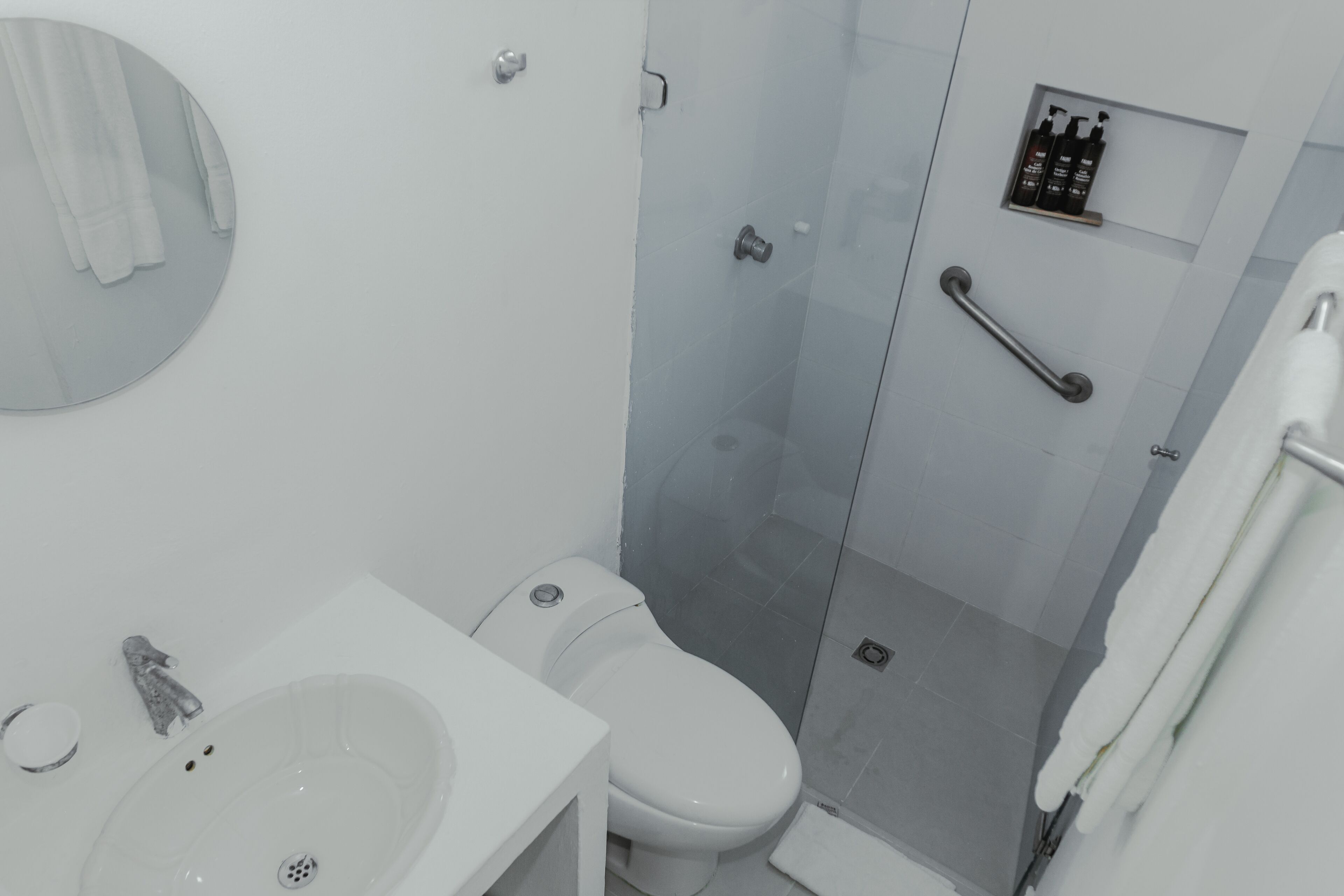 Un baño moderno con cabina de ducha de vidrio, un lavabo blanco y un inodoro.