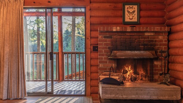 A log cabin interior with a fireplace, a sliding glass door leading to a deck, and a framed butterfly artwork on the wall. - Cusheon Lake Resort (Salt Spring Island)