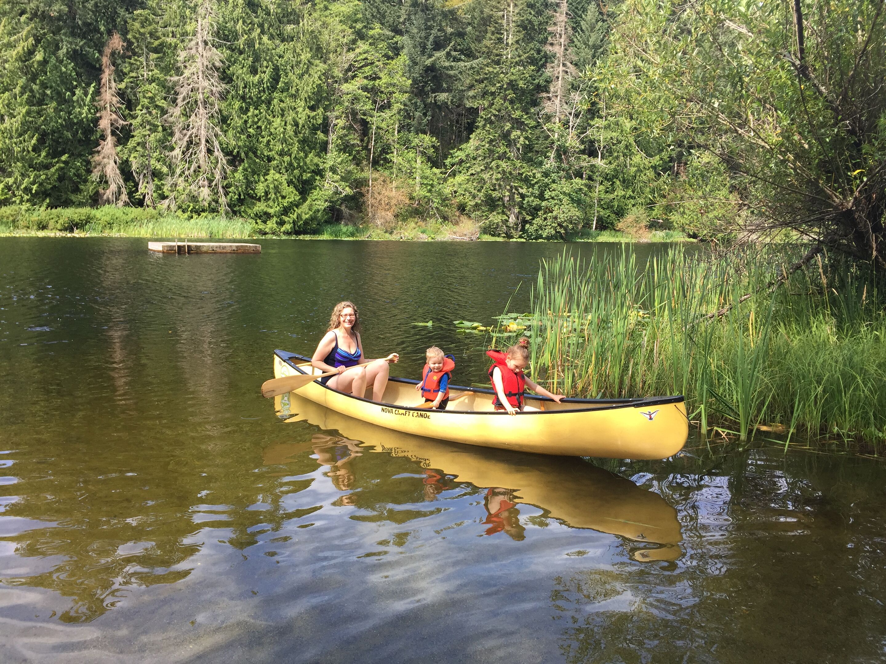 Una canoa en un lago tranquilo rodeado de un bosque denso.