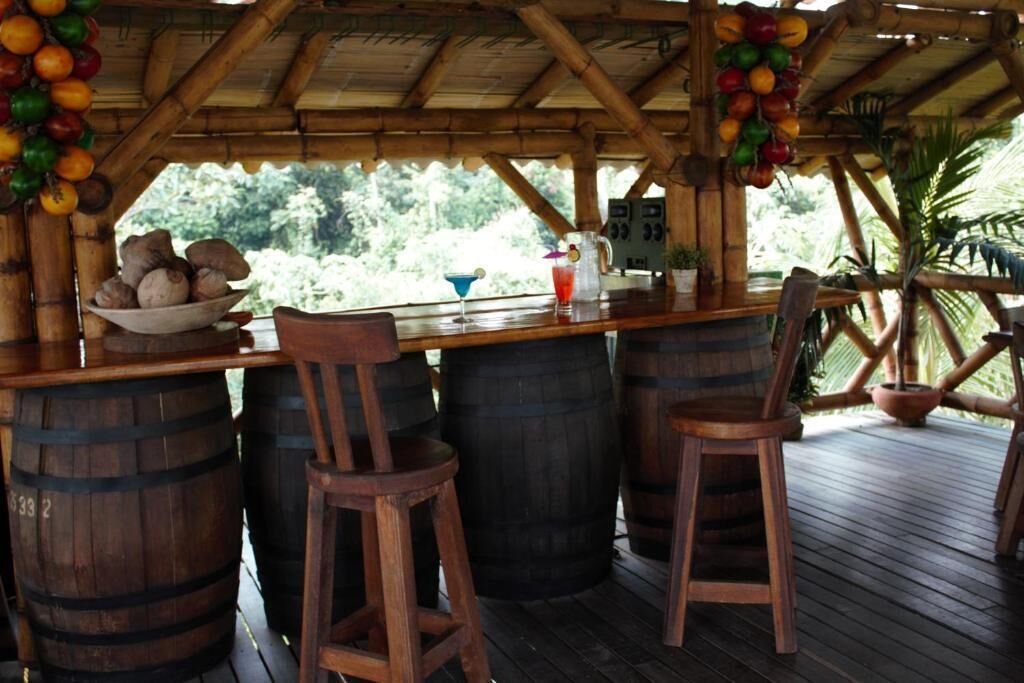 Un comptoir en bois avec des tabourets, un saladier rempli de noix de coco et une vue sur un paysage tropical.