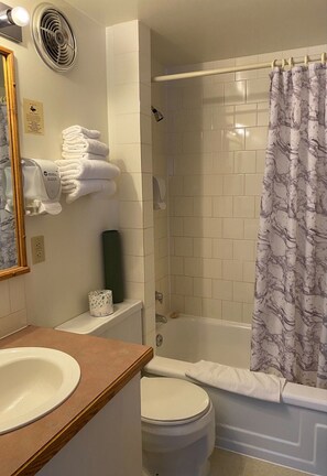 Combined shower/tub, free toiletries, hair dryer, towels - Stork Nest Inn (Smithers)