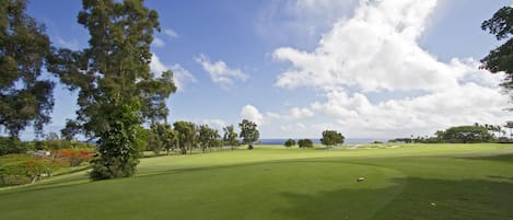 A golf course with a clear sky, lush green grass, and trees.