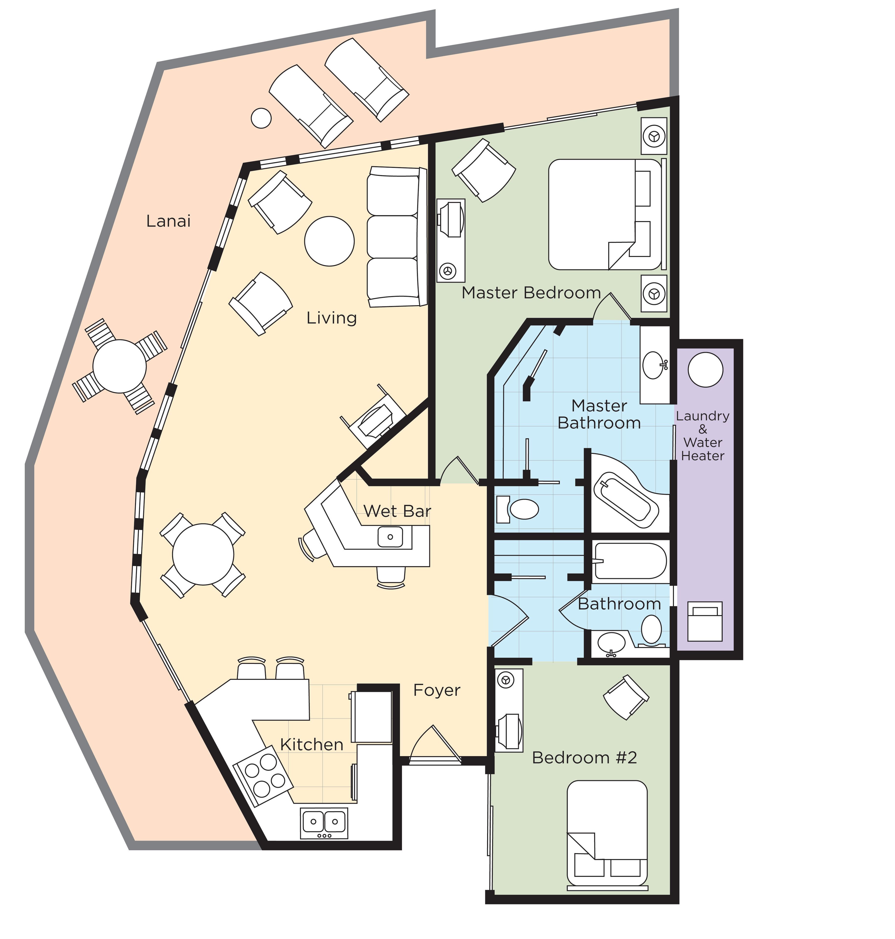 A floor plan of a house with a lanai, living room, kitchen, wet bar, master bedroom, master bathroom, laundry & water heater, bathroom, and bedroom #2.