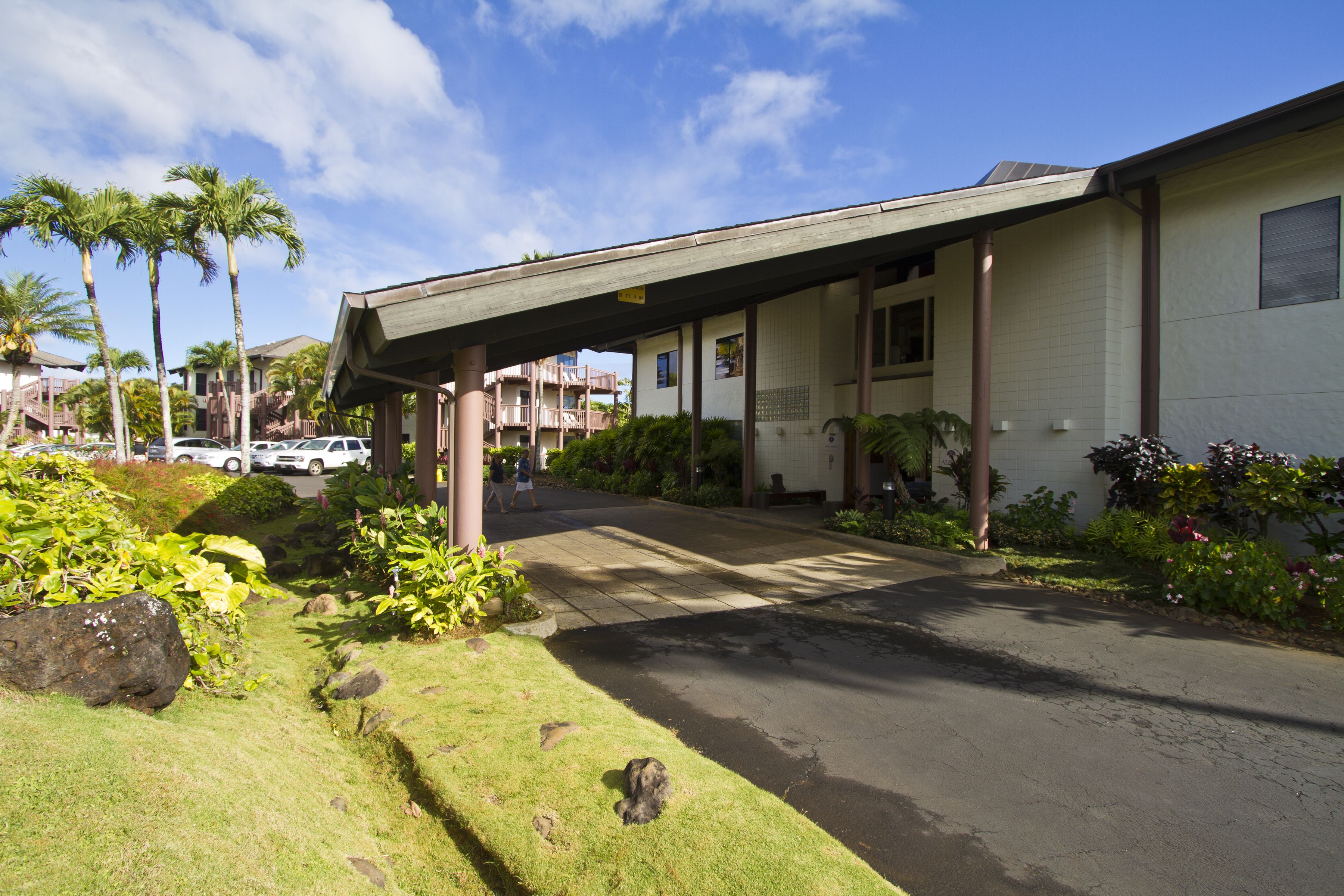 A building with a covered entrance, palm trees, and a paved driveway.