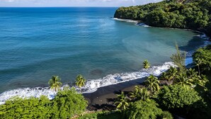 A coastal view with a beach, palm trees, and a cliff. - Tahiti Pearl Beach Resort (Arue)