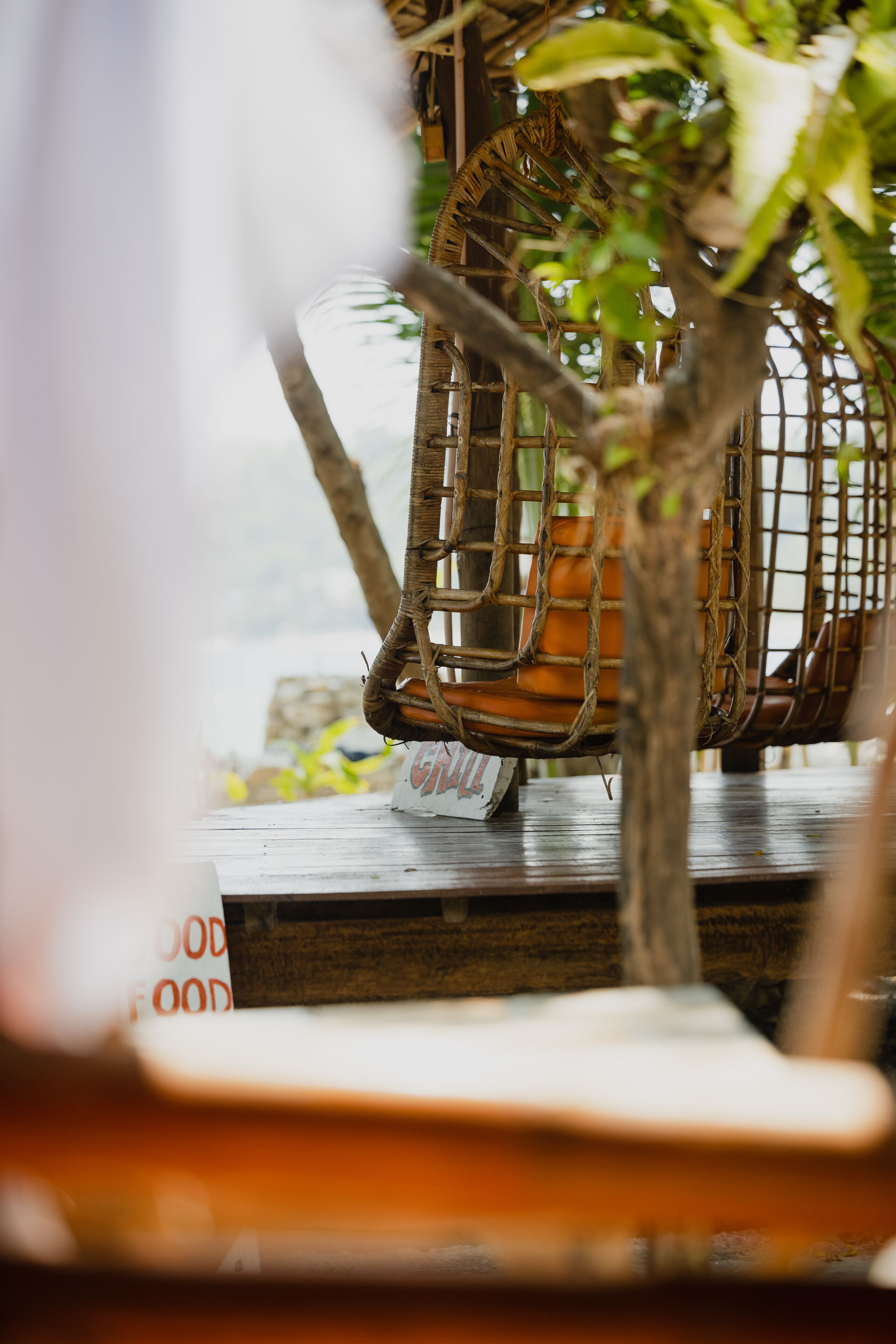 A wicker chair with a cushion, a small tree, and a wooden table.