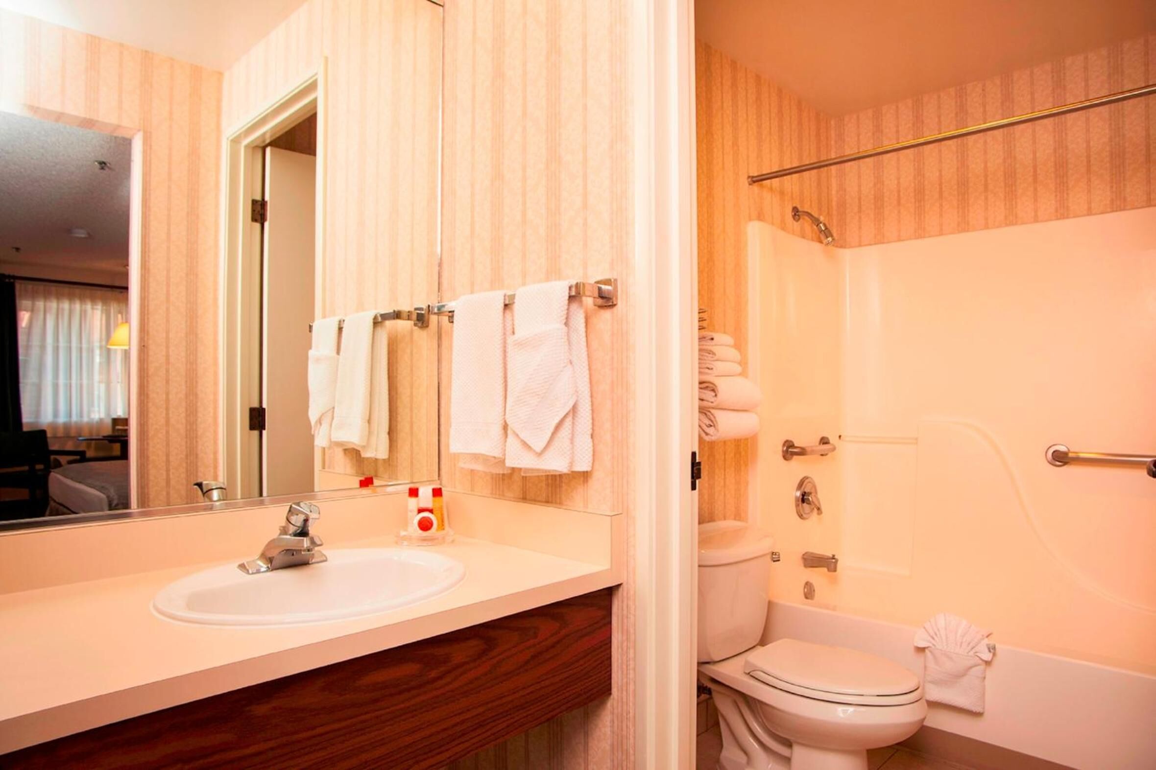 A hotel bathroom with a wooden vanity, a sink, a mirror, a toilet, and a bathtub.