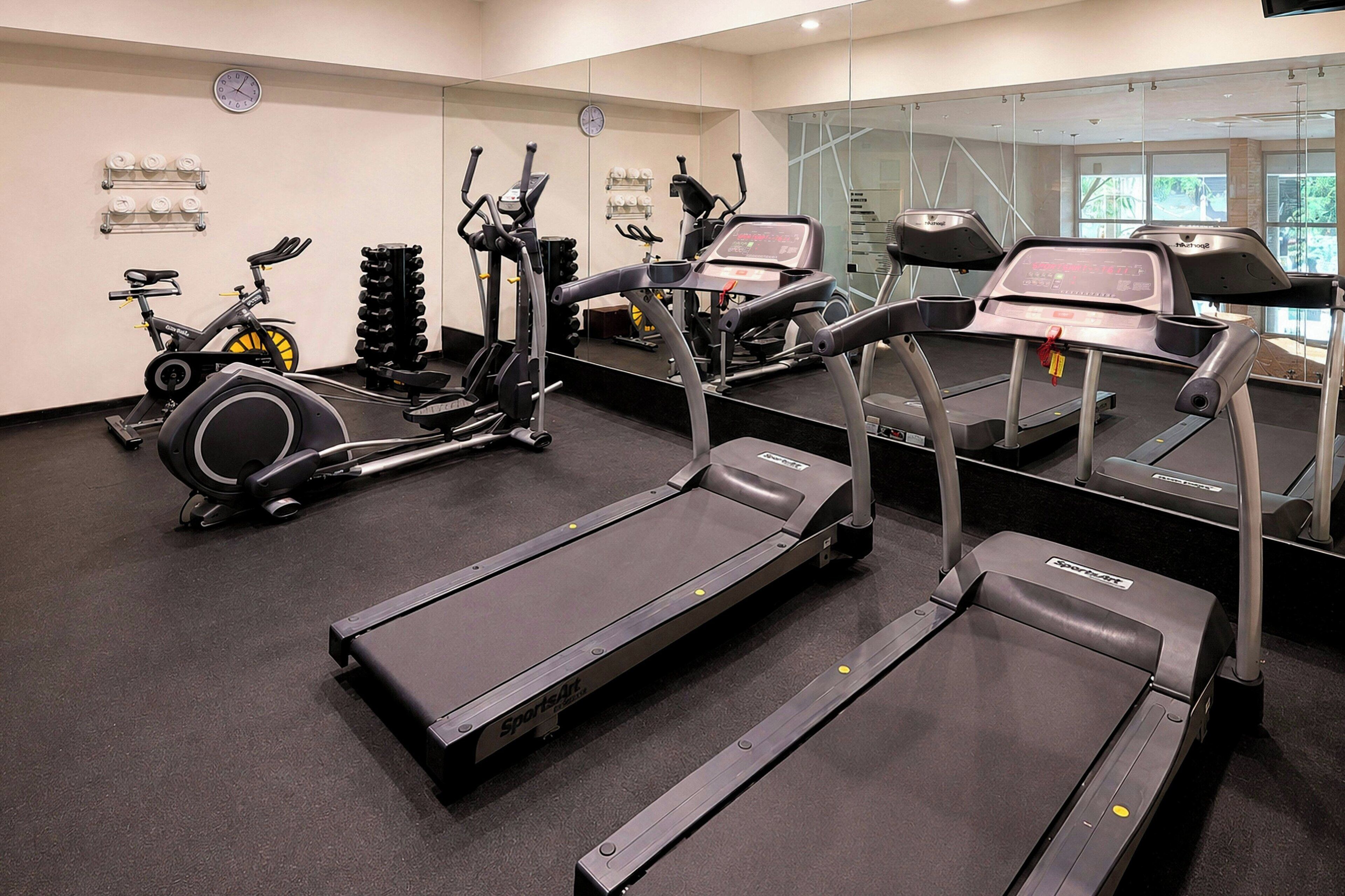 A gym with treadmills, stationary bikes, and weight machines.
