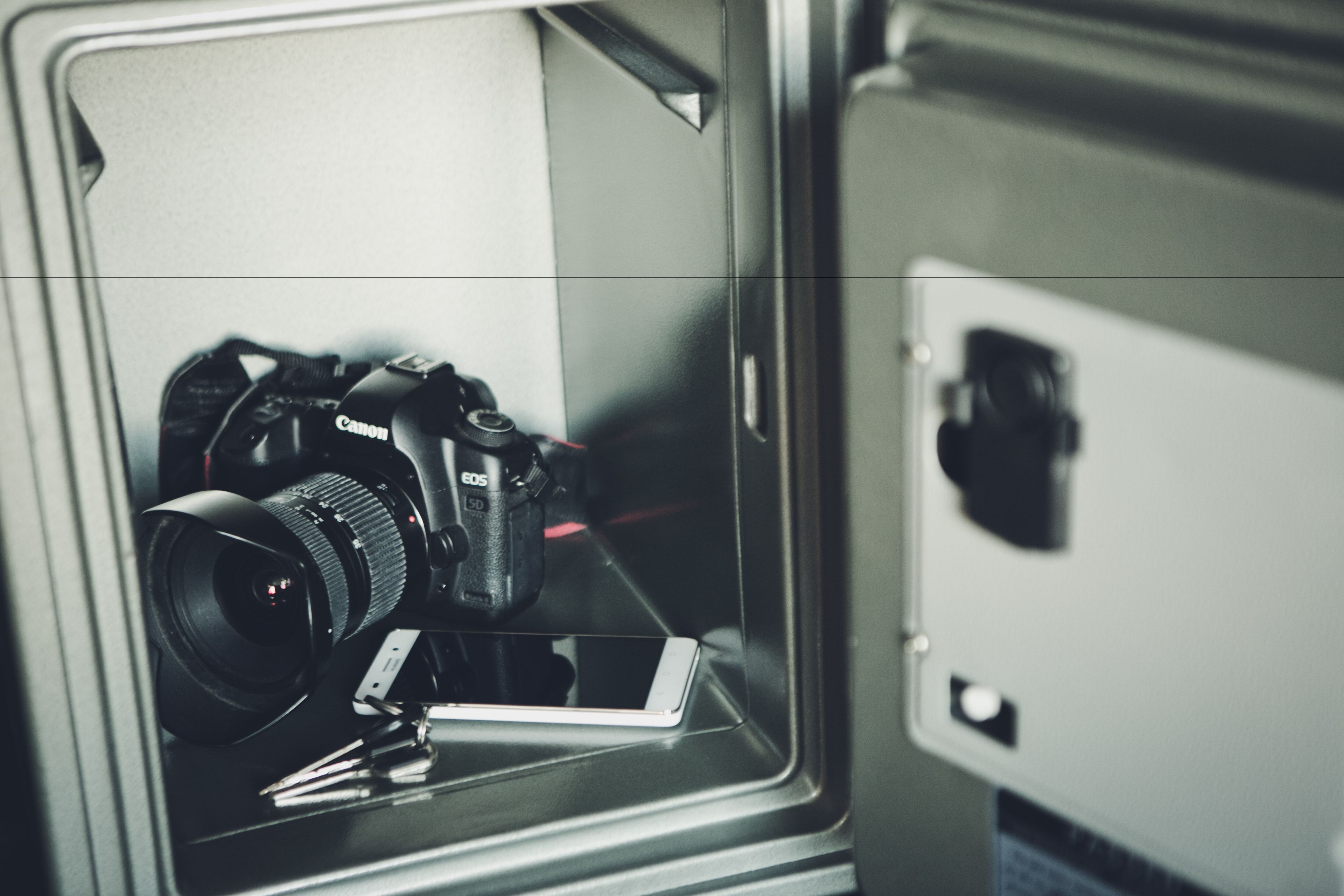 Eine Canon EOS 5D Kamera mit Objektiv und Zubehör im Fahrzeuginneren.
