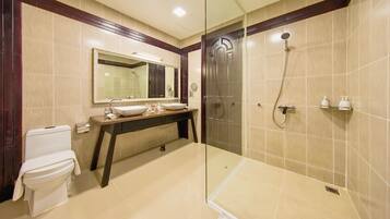 Une salle de bain moderne avec une douche à parois de verre, un meuble-lavabo doté d’un grand miroir et des toilettes.