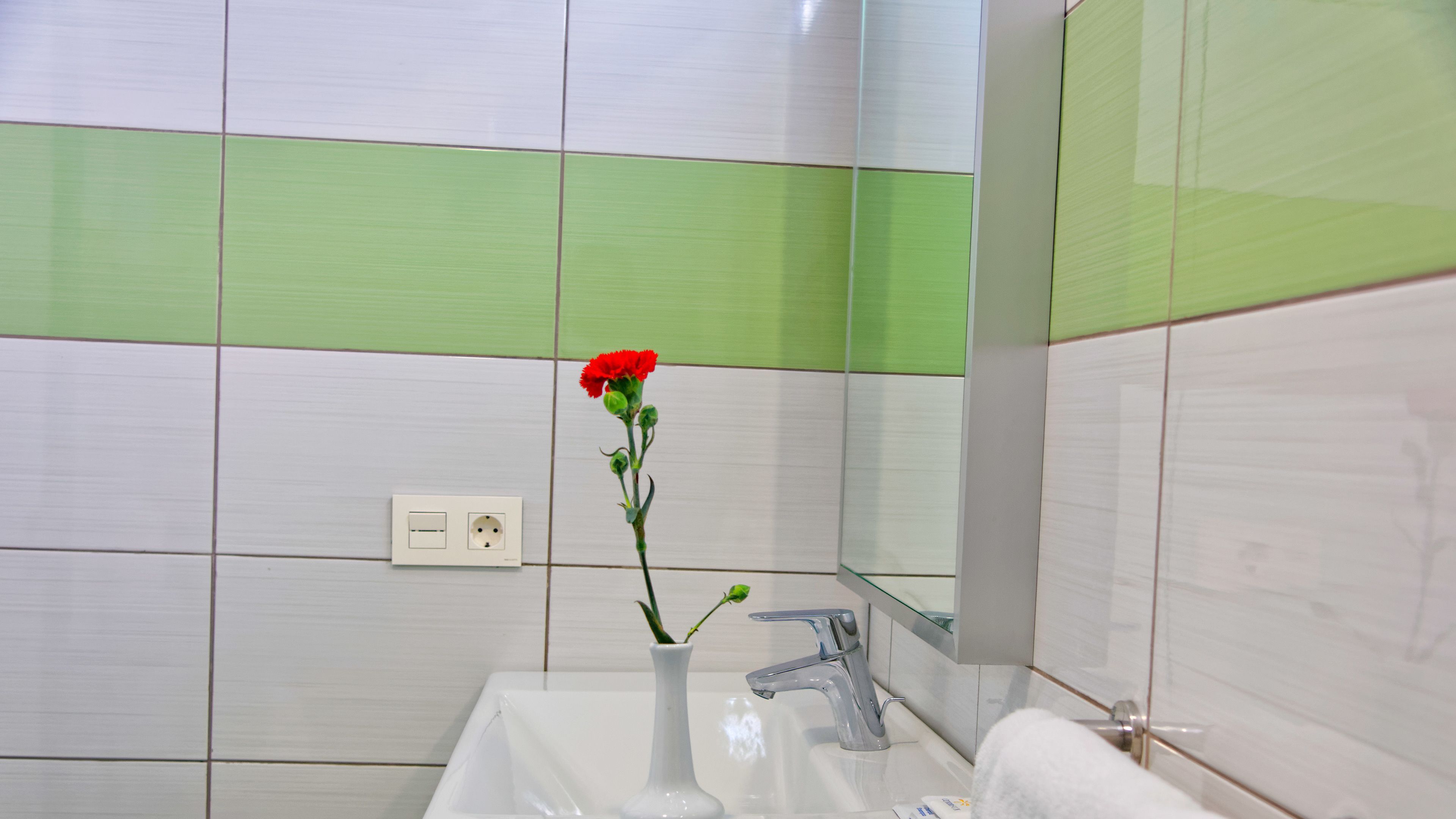 A bathroom with a white sink, a mirror, and a green-tiled wall.