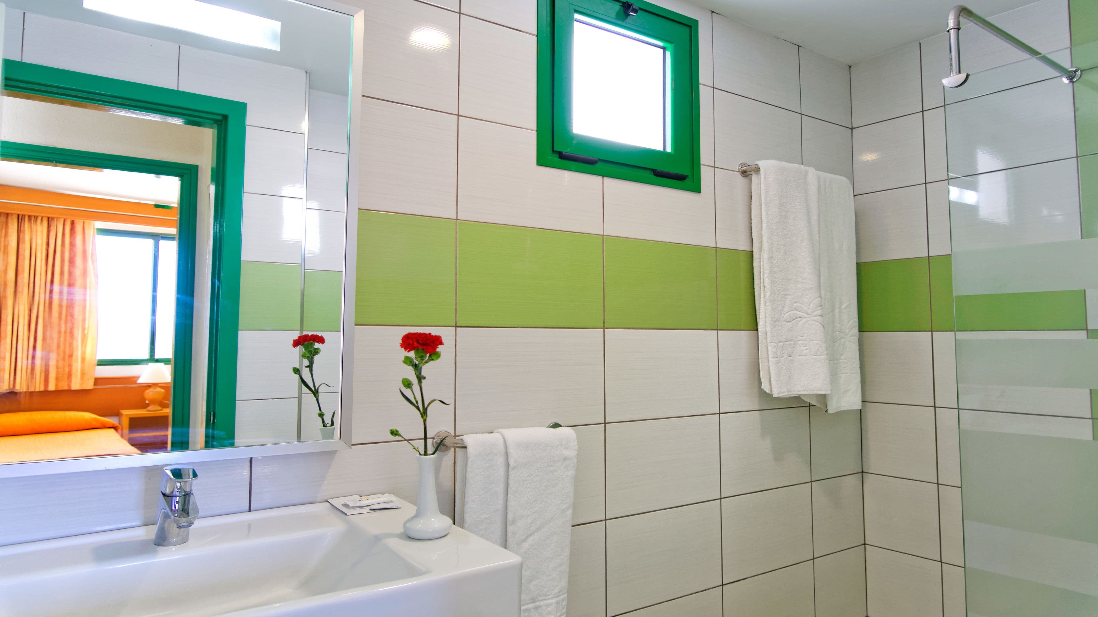 Ein Badezimmer mit einem weißen Waschbecken, einem Spiegel, einem fenster mit grünem Rahmen und einer Dusche.