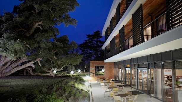 A modern building with a glass facade, outdoor seating area, and a large tree. - Wivenhoe House Hotel (Colchester)