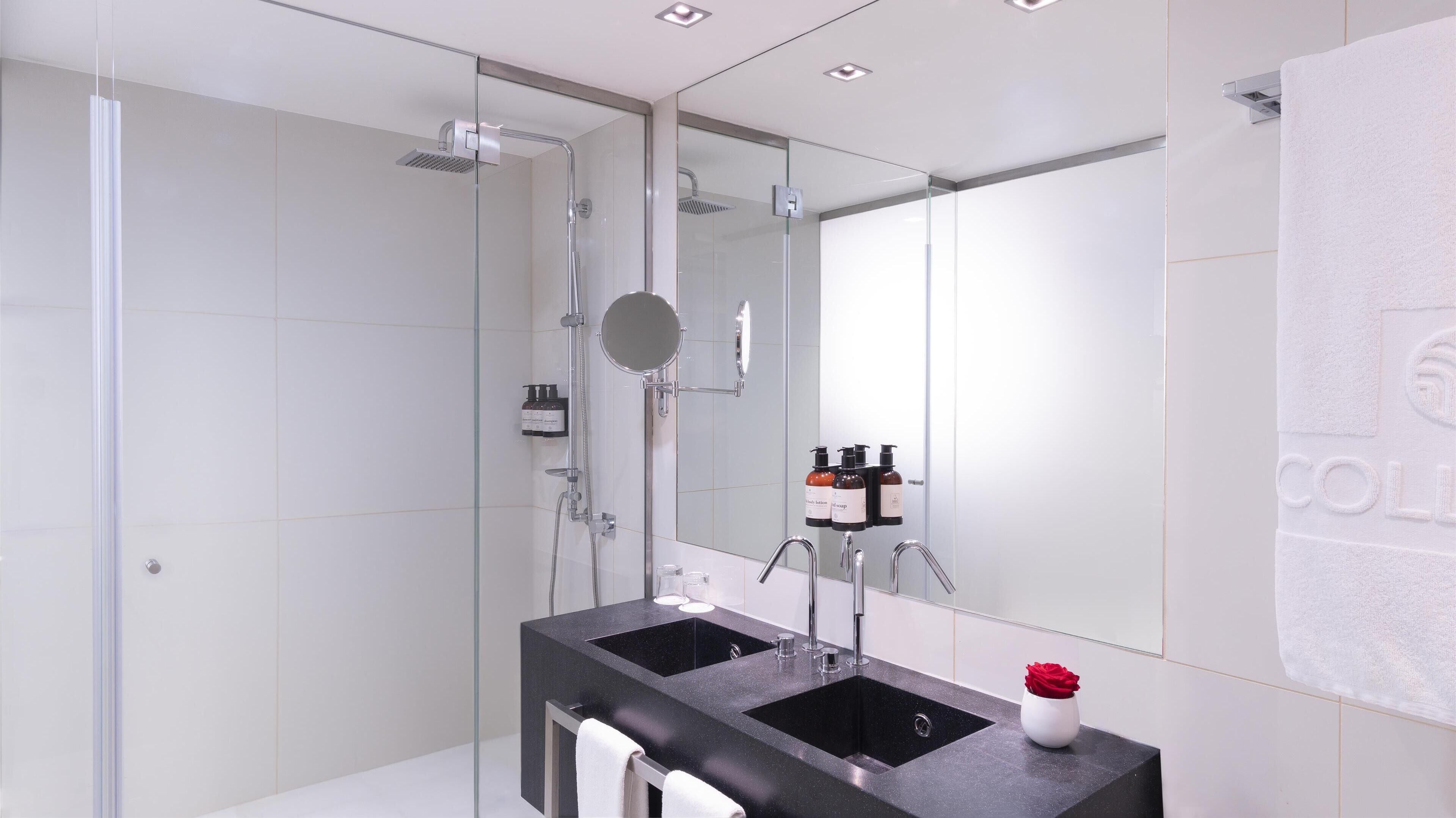 Eco-friendly toiletries, hair dryer, bidet, towels