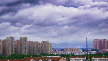 Un paisaje urbano con rascacielos y cielo nublado.