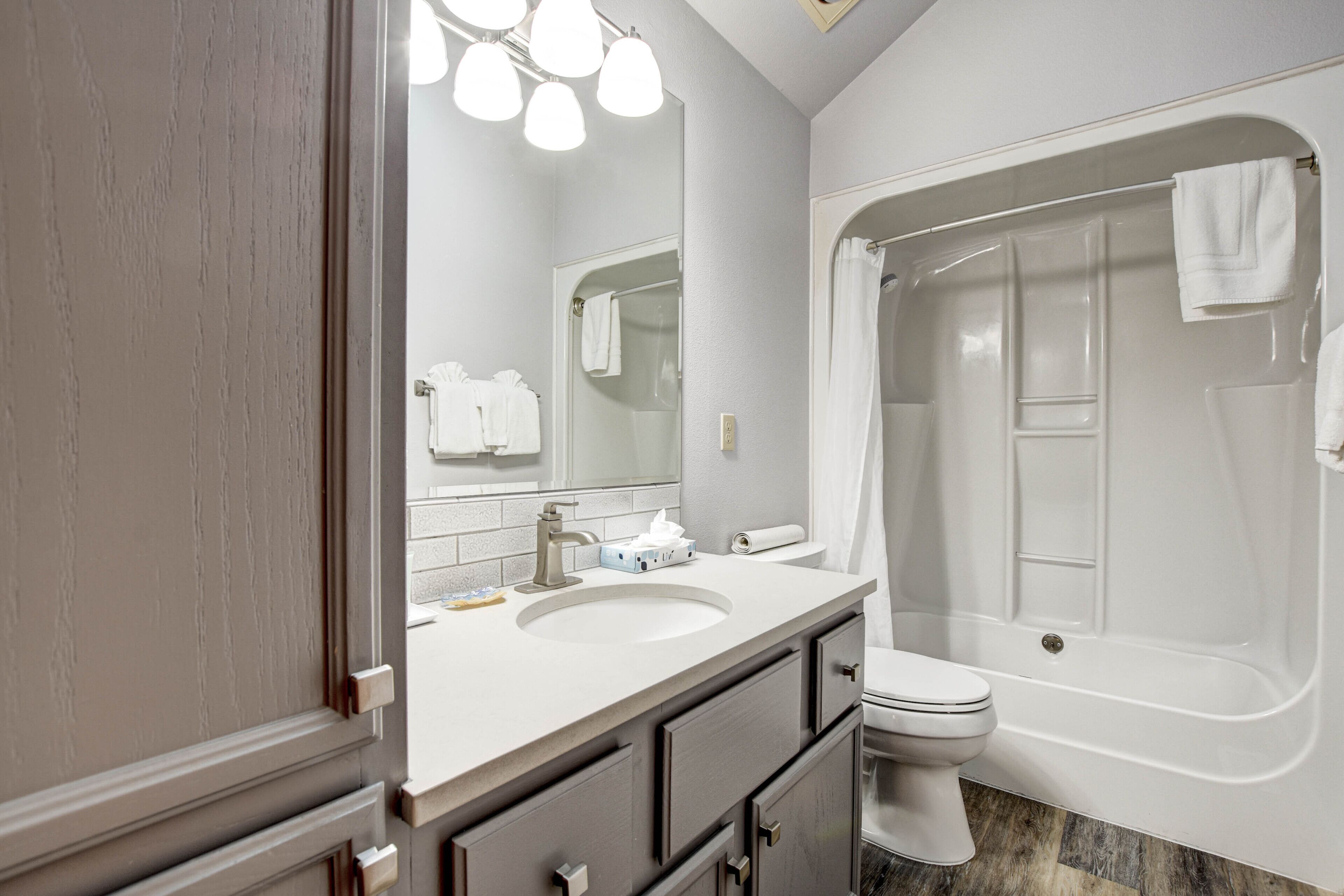 sandcastle 2 bedroom, 2 bathroom condo - ocean view -  located 1.5 miles south of hotel property | bathroom | shower, hair dryer, towels, shampoo