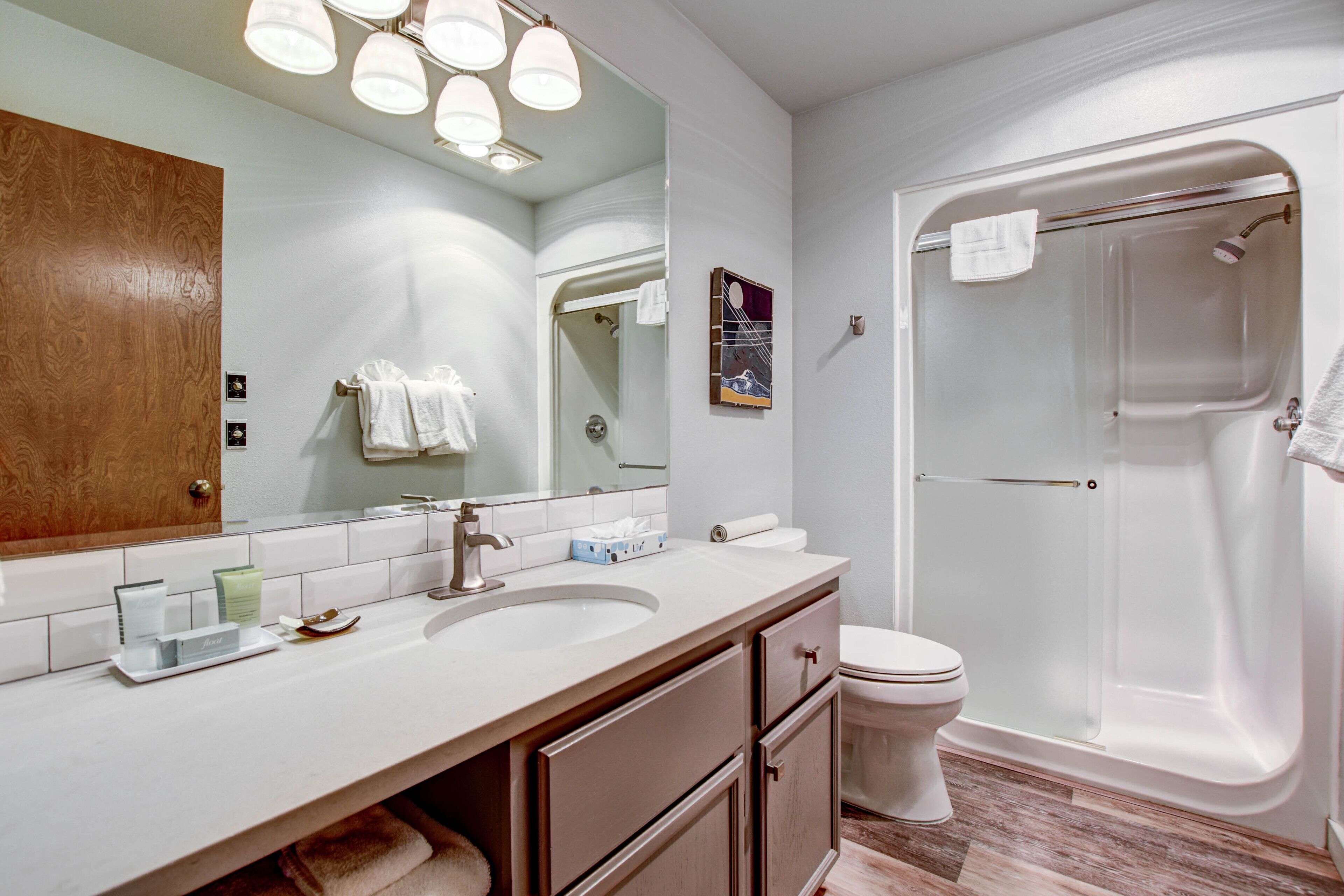 sandcastle 2 bedroom, 2 bathroom condo - ocean view -  located 1.5 miles south of hotel property | bathroom | shower, hair dryer, towels, shampoo