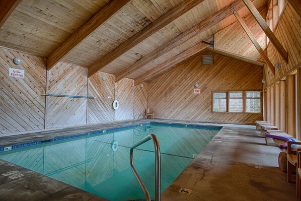 A wooden-paneled indoor swimming pool with a clear water surface, a metal ladder, and benches along the side.