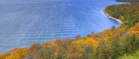 A coastal landscape with a view of the sea and autumn-colored trees.