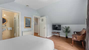A bedroom with a large bed, a TV, a chair, and a plant.