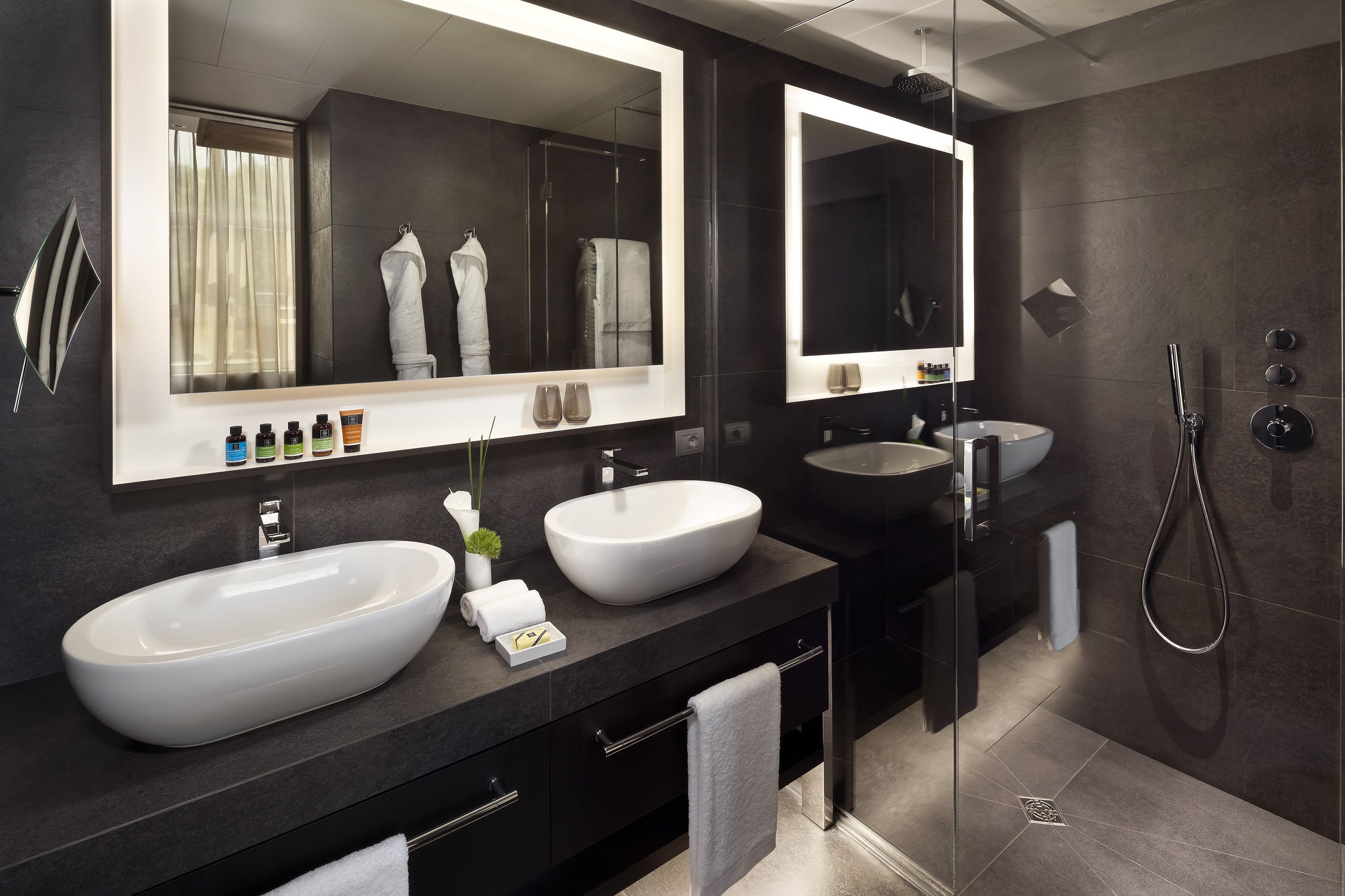 hair dryer, bathrobes, slippers, bidet