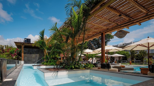 A swimming pool with a wooden pergola, lounge chairs, and umbrellas. - Hotel Fiesta (Puerto Ayora)
