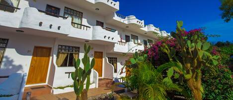 A white building with multiple balconies and windows, surrounded by cacti and tropical plants.