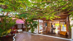 A covered outdoor area with a tiled floor, surrounded by greenery and a building entrance. - Hotel Fiesta (Puerto Ayora)