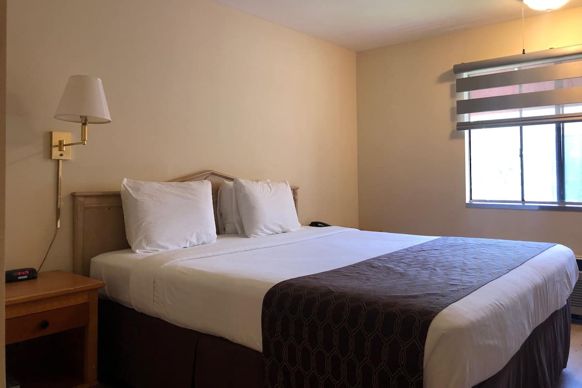 A hotel room with a bed, a nightstand, a lamp, and a window with blinds.