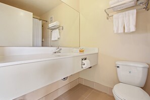 Bathroom features a sink, mirror, and toilet, with a towel rack and storage for essentials.