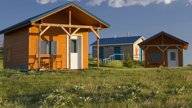 Une rangée de cabanes en bois, dotées d’un toit à deux versants, chacune ayant une porte et des fenêtres, est installée dans un champ verdoyant sous un ciel dégagé.