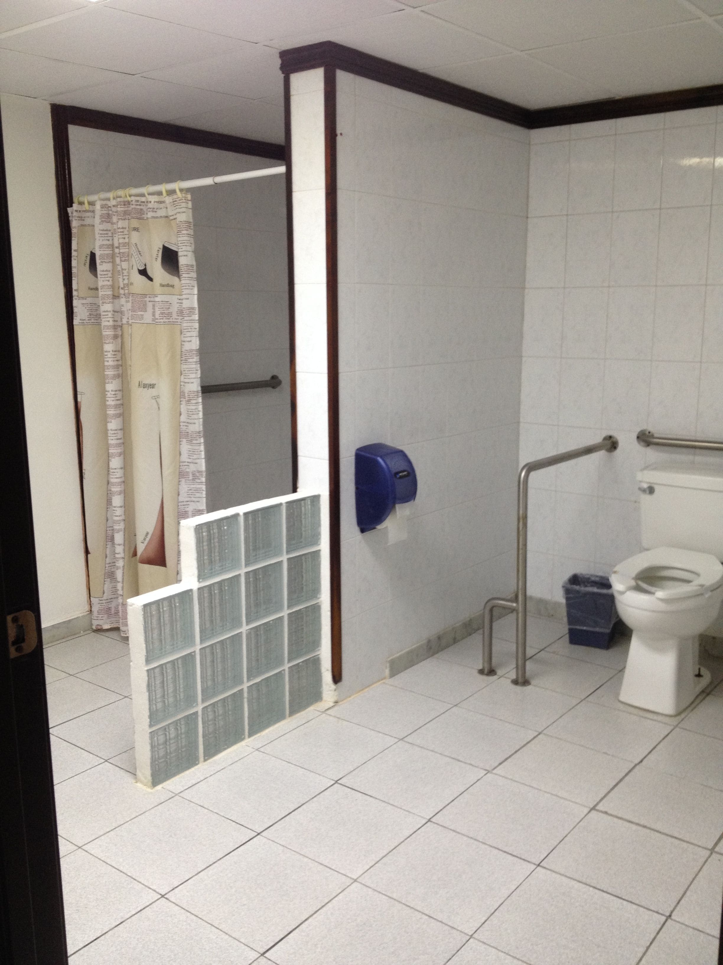 A bathroom with a toilet, a hand dryer, a trash bin, and a shower curtain.