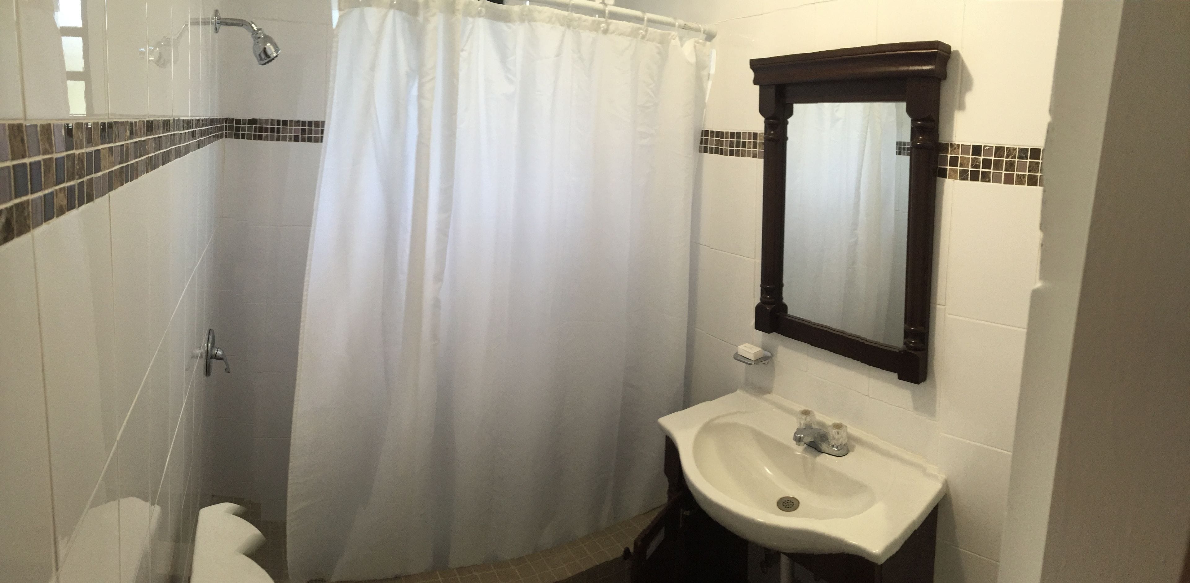 A bathroom with a shower, a sink, and a mirror.