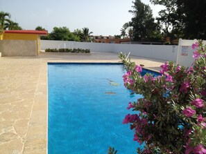 A swimming pool with clear blue water, surrounded by a tiled deck and a small garden with pink flowers.