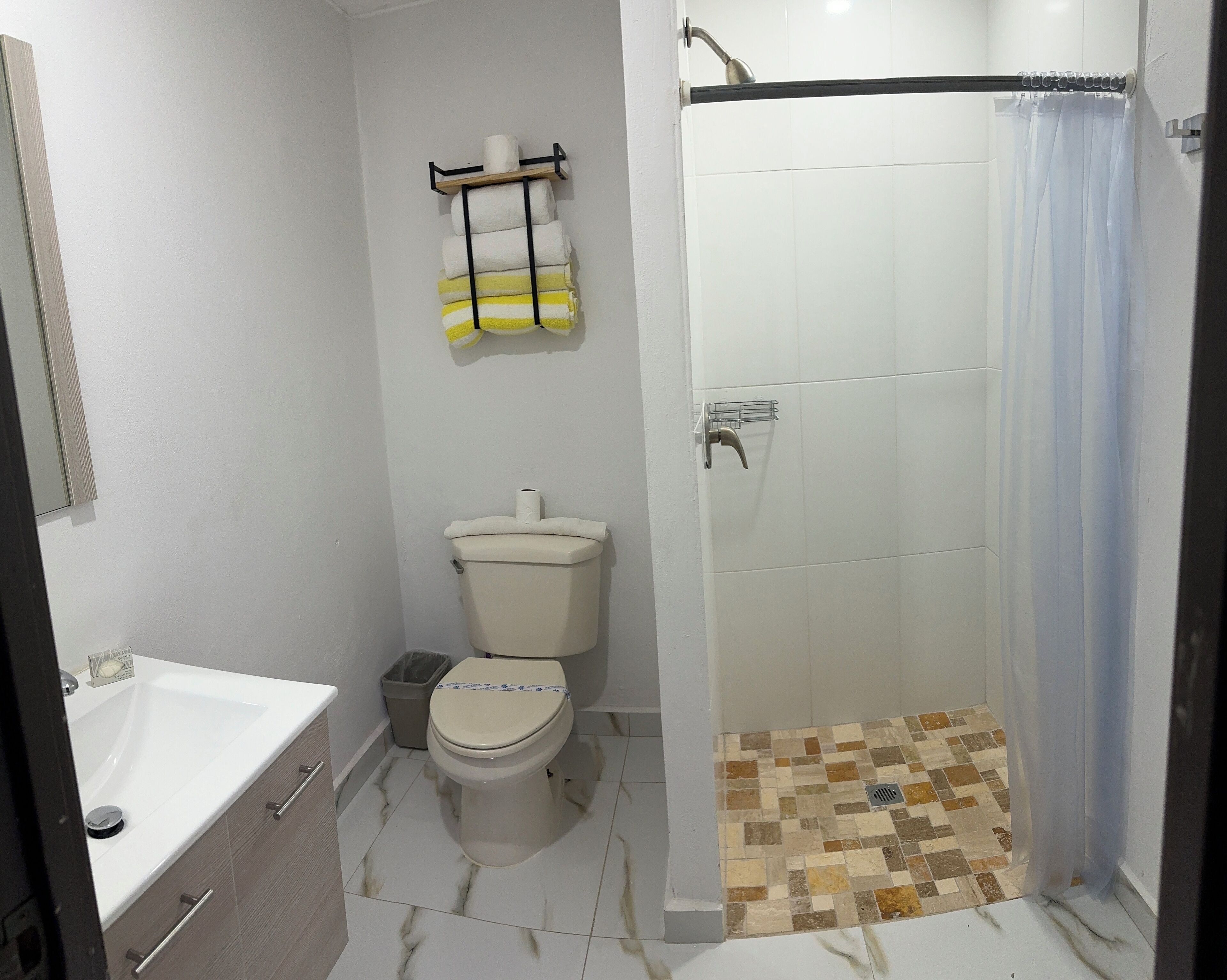 Une salle de bain avec des toilettes, un lavabo et une douche.