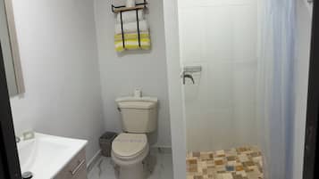 Une salle de bain avec des toilettes, un lavabo et une douche.